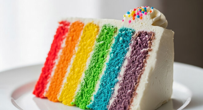 Colorful Rainbow Cake Slice with Whipped Cream and Sprinkles for Dessert Blogs, Baking Websites, Celebration Menus, and Event Planning Articles