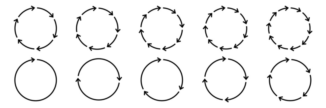 Set of circle arrows isolated on white background. Rotate and spinning symbol. Circular rotation loading element, redo process. Circle arrow 1, 2, 3, 4, 5, 6, 7, 8, 9, 10 icon set vector illustration.
