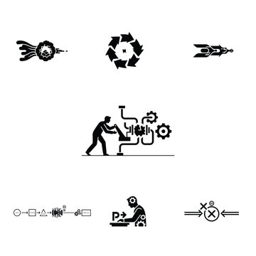 Corporate workflow bottleneck concept silhouette with blocked process path and professional resolving issue representing efficiency improvement and system optimization