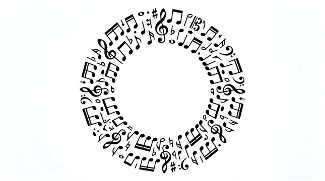 Abstract music notes forming a circular pattern with a blank center in black and white