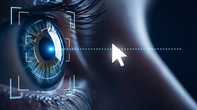 Futuristic biometric iris scanning technology close up with digital interface and interactive
