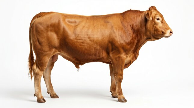 A full-body studio portrait of a muscular, light brown Limousin bull standing on a white background.