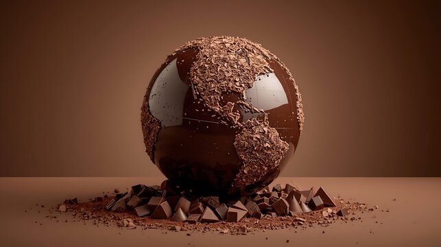 Realistic Chocolate Globe Of Earth Resting On Chocolate Chips Pile.