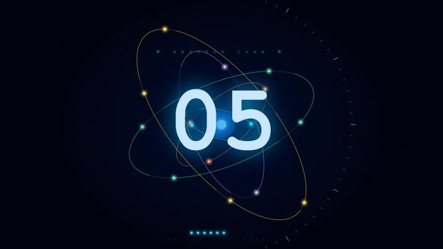 Atomic Reactor Core Particle Acceleration Countdown  with Orbital Rings on Dark Background