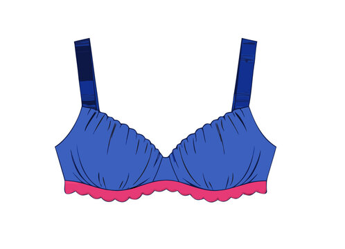 Vector Illustration of a Modern Padded Bra with Scalloped Lace Trim,Technical Flat Sketch of Women&rsquo;s Intimate Apparel - Blue Underwire Bra,CAD Fashion Drawing of a Lingerie Top with Contrast Elastic B