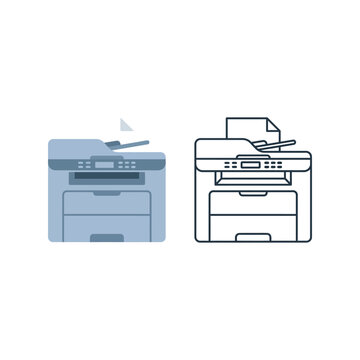 Modern office multifunction printer scanner copier flat design icon and outline illustration