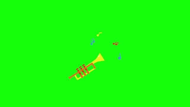  A 2D animated video of a cartoon brass trumpet (baja musical instrument) on a bright green background. Add colorful floating music notes around the instrument, gentle bouncing motion, and subtle.