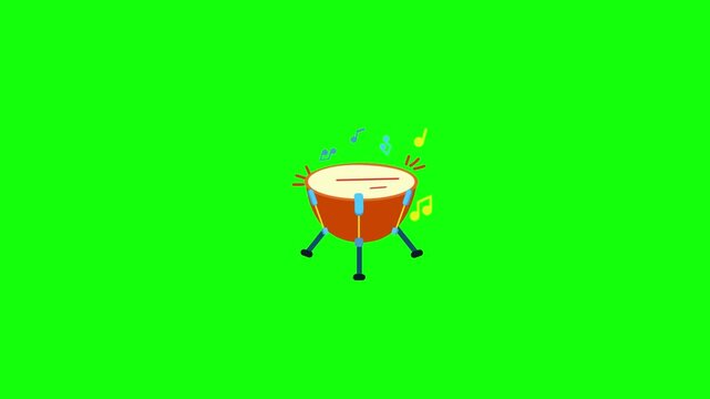 A motion graphic of a stylized drum with simple legs and a round drumhead on a vivid chroma green background. Animate subtle vibration on the drum surface, rhythmic bounce, and drifting music notes. 