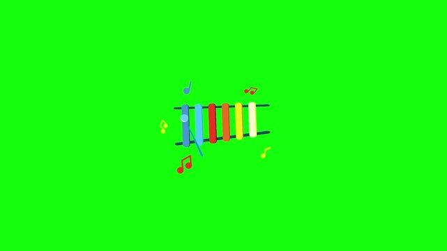 A 2D animated video of a cartoon xylophone musical instrument on a bright green background. Add a mallet striking the colorful bars, gentle bounce, and floating music notes around it. Clean vector.