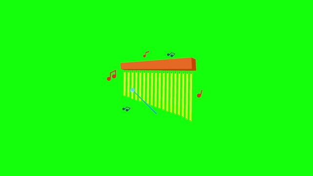 A 2D animated video of a cartoon tuning fork style musical instrument / hanging chime bars on a bright green background. Add a small striker hitting the bars, gentle swinging motion, and colorful.