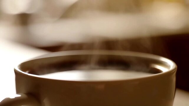 Close-up shot of a steaming hot cup of coffee, perfect for a cozy morning or a refreshing break