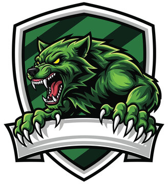 Fierce green wolf mascot with sharp claws and bared teeth inside a shield emblem, symbolizing power and aggression