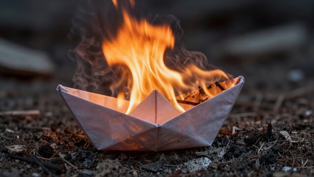 A burning origami paper boat with bright flames and smoke, set against a dark background.