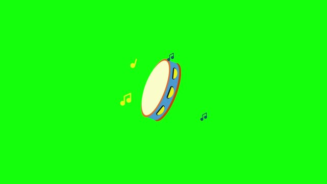 A 2D animated video of a cartoon tambourine hand drum on a bright green background. Add gentle shaking motion, slight rotation, and colorful floating music notes around it. Clean vector style, playful