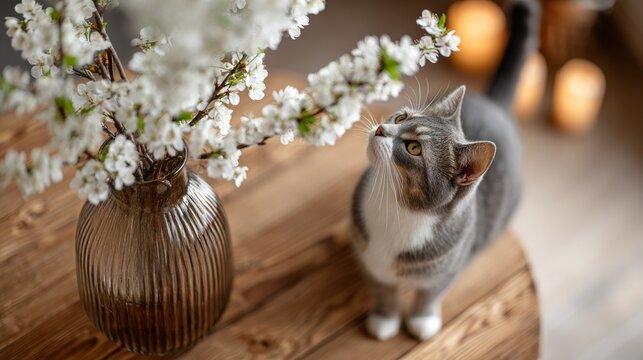 Curious gray cat exploring a vase of white flowers on a wooden table.