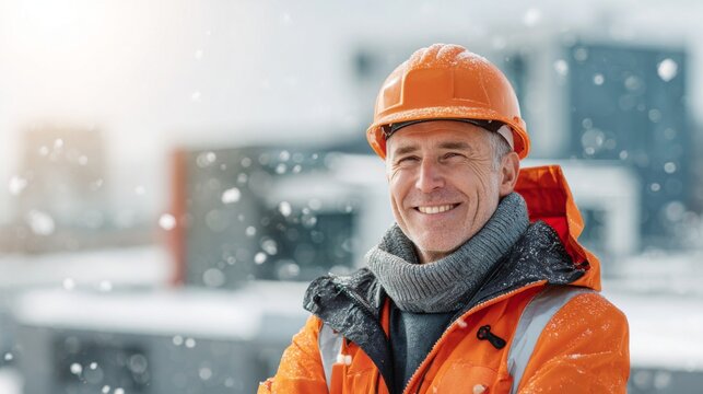 Smiling older Caucasian male construction worker in winter gear during snowfall.