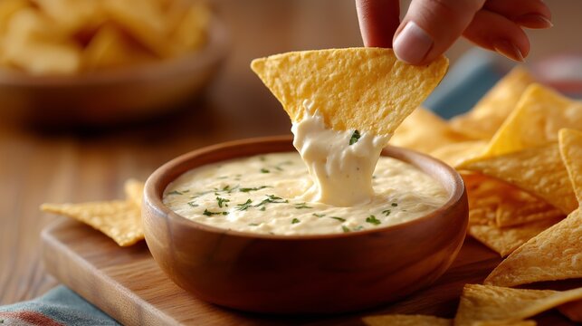 A hand dipping a tortilla chip into creamy cheese dip, garnished with herbs.