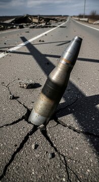 Unexploded Artillery Shell Embedded in Cracked Road Surface