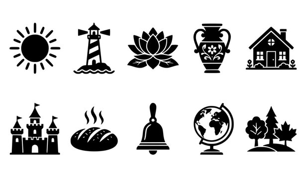 Decorative silhouette icons in circular badge layout with sun lotus lighthouse and house set