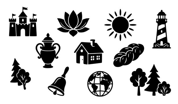 Decorative silhouette icon set with sun lighthouse lotus house castle and nature elements vector