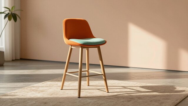 A vibrant mid-century modern bar stool with an orange back and mint green cushion, featuring light wood legs. It's positioned on a rug in a softly lit room with dramatic shadows.