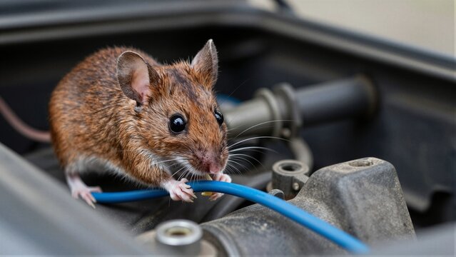 A brown mouse gnawing on a blue wire in an engine compartment, causing potential electrical damage.