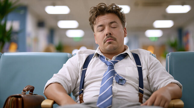 A corporate professional slumps in a stiff chair in a beige hospital waiting room, still dressed in work attire, tie loosened and eyes closed under harsh fluorescent lighting, a briefcase at their f
