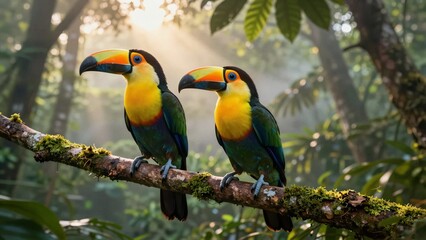 Naklejka premium Two vibrant toucans with colorful beaks and yellow chests perched on a moss-covered branch in a lush, misty forest.