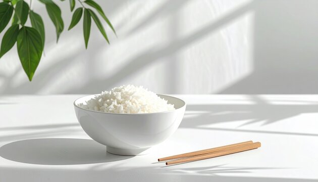 Minimalistische Reis-Bowl auf wei&szlig;em Tisch