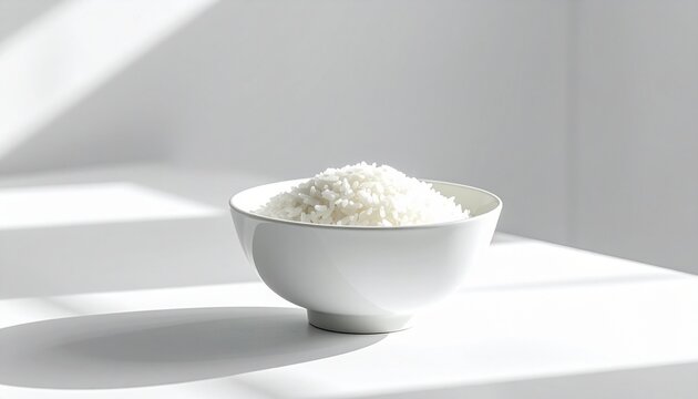 Minimalistische Reis-Bowl auf wei&szlig;em Tisch