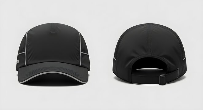 Front and back view of a black performance baseball cap with reflective piping for outdoor running