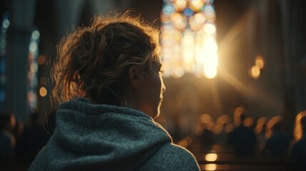 Obraz premium Woman looking at light in a cathedral interior