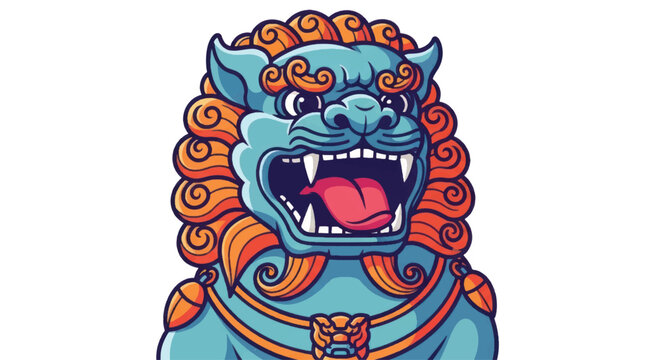 Illustration of a fierce blue Foo Dog statue with orange mane.