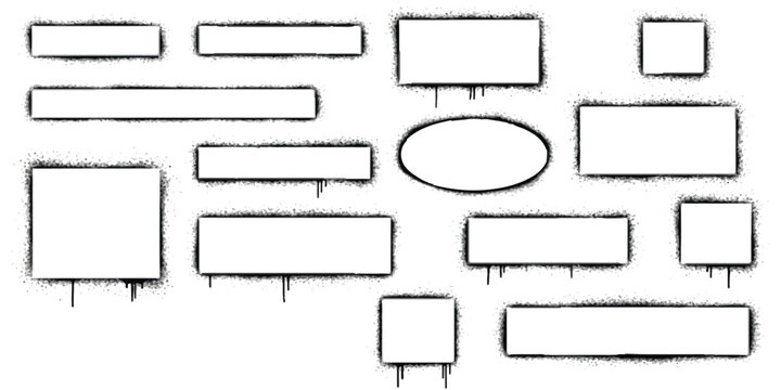 Set of black and white empty graffiti frames and speech bubbles with paint drip effects