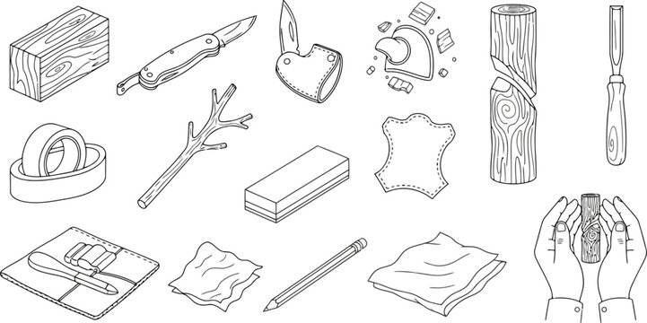 Wood carving tools and materials set, including knife, chisel, wood block, branch, whetstone, pencil, and leather strop