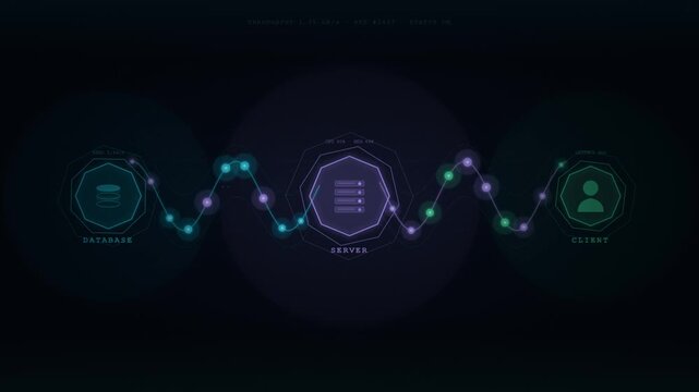 Database Server Client Network Data Flow Animation with Throughput Metrics on Dark Background