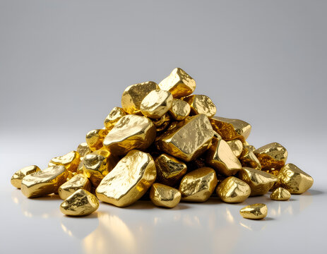 A gleaming pile of irregularly shaped gold nuggets rests on a reflective surface.