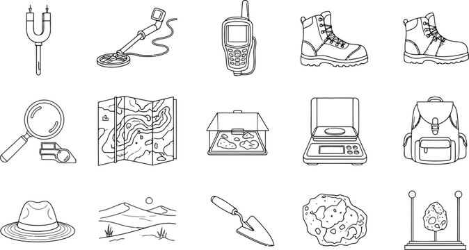Geology and prospecting equipment icons set, including tools for mineral exploration, field research, and sample analysis