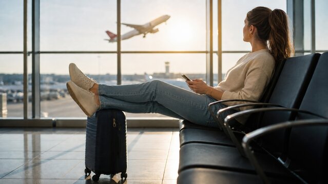 Young woman traveler sitting in airport terminal waiting area with feet on suitcase looking out window at airplane taking off during sunset, holding smartphone and enjoying journey.