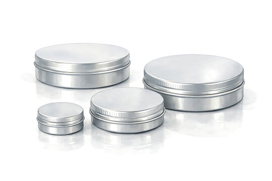 Four silver round tins on white background