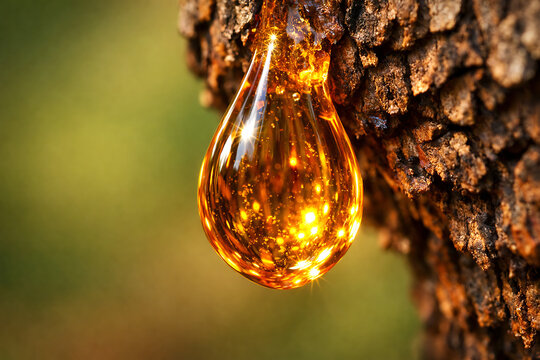 Golden pine resin droplet on tree bark