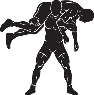 Black silhouette of man carrying another man over shoulder isolated on transparent background, Vector, illustration