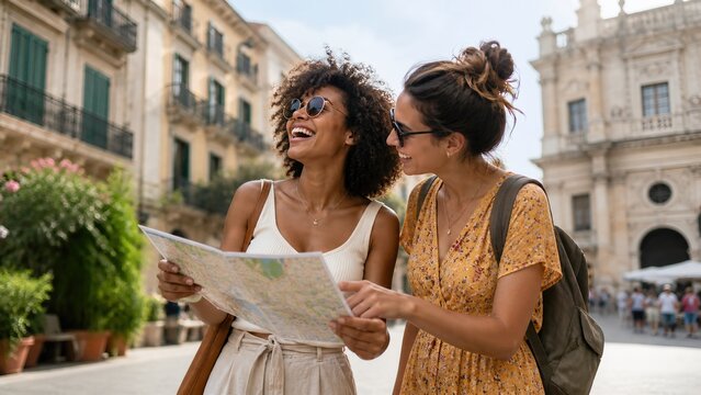 Two happy diverse young female friends holding a map while exploring a historic European city square on a sunny summer vacation, laughing and enjoying their travel adventure together.