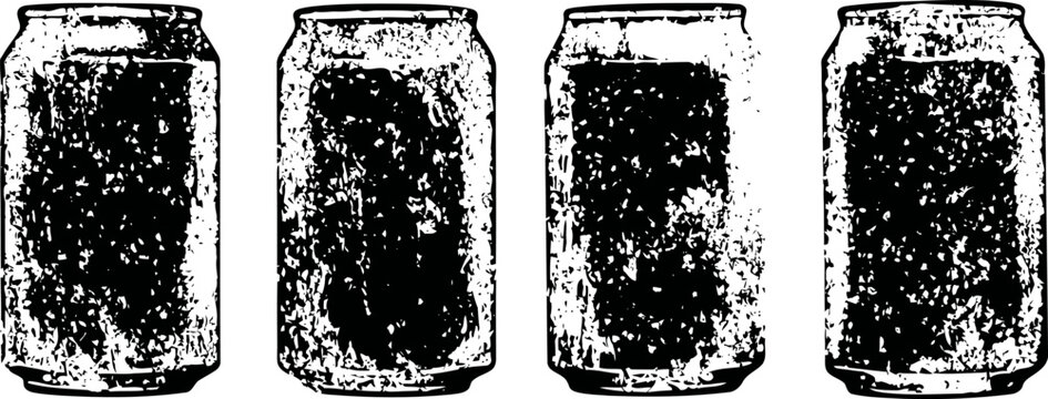 grunge textured soda cans set isolated on white background in black and white