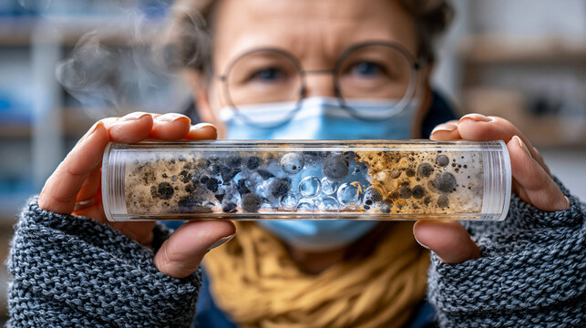 Polar ice core sample held up by researcher in cold lab environment, layered ancient air bubbles visible through translucent cylinder, breath visible in freezing air, ideal for climate science, ice 