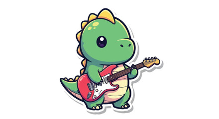 Obraz premium Cute cartoon dinosaur playing electric guitar.