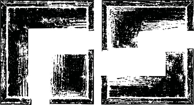 Grunge textured corner frames set black rough distressed rectangular and square borders on white background