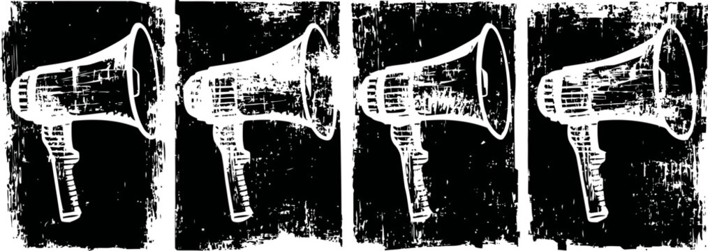 Four vintage megaphones in black and white grunge repeating pattern design