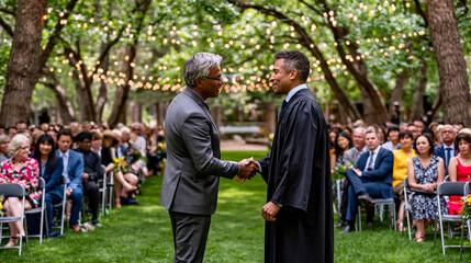 Fototapeta premium A wide view of a graduation mentorship ceremony outdoors in spring, mentor placing a hand on a graduate's shoulder while family members watch from nearby chairs on a tree-lined lawn, perfect for men