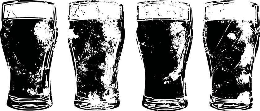 Four pints of dark beer with frothy heads on a white background